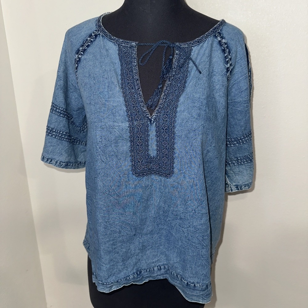 Faherty Denim Boho Peasant Top Tie Neck Short Sleeve Size M Organic Cotton